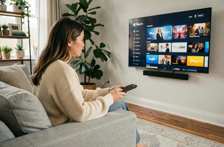 Femme abonnée à Disney Plus regardant le catalogue sur sa télévision dans son salon