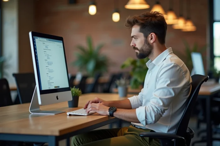 Personne accédant aux mots de passe enregistrés dans les paramètres d'un navigateur sur un poste de travail en espace coworking
