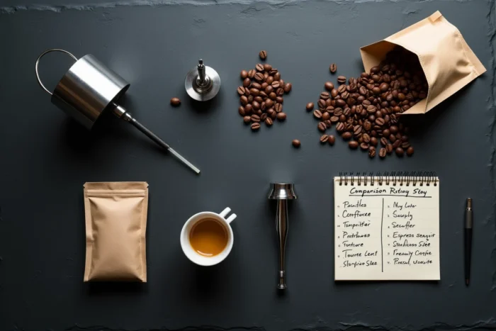 Vue à plat des accessoires d'une machine à expresso sur une surface en ardoise avec des grains de café et une tasse