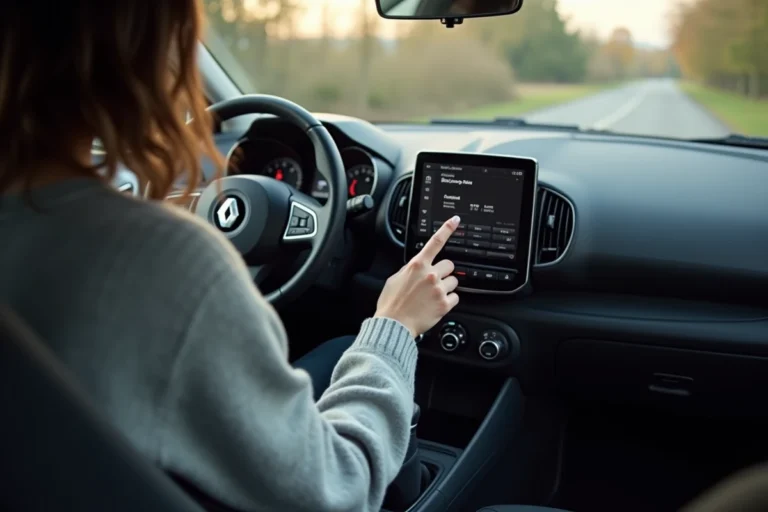 Femme appuyant sur le bouton Bluetooth du système audio d'une Renault Clio 3 depuis le siège conducteur