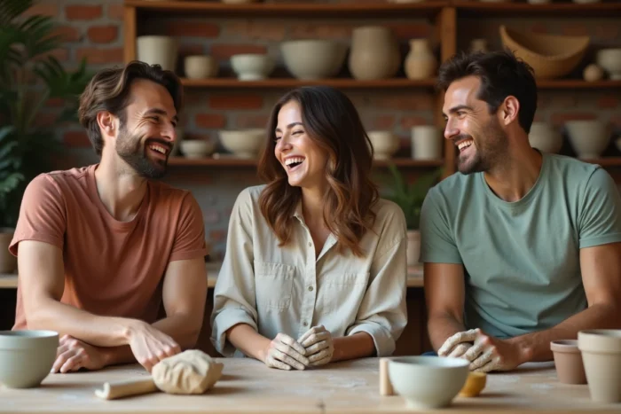 Groupe d'adultes souriants faisant de la poterie ensemble dans un atelier artistique rustique aux murs en briques