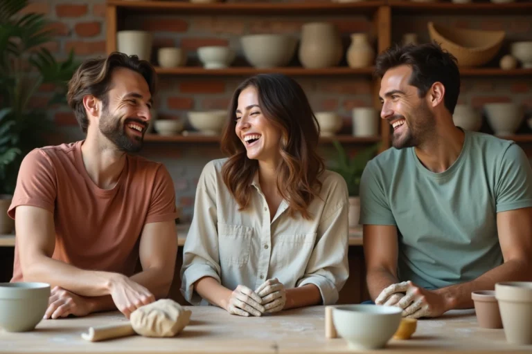 Groupe d'adultes souriants faisant de la poterie ensemble dans un atelier artistique rustique aux murs en briques