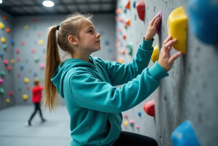 Adolescente en train d'escalader un mur d'escalade coloré dans une salle de sport intérieure moderne