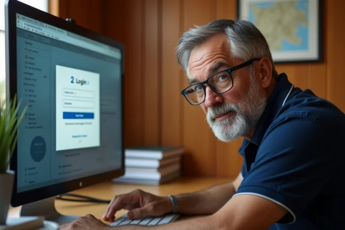 Administrateur de copropriété se connectant à son espace syndic sur un ordinateur de bureau dans un bureau privé