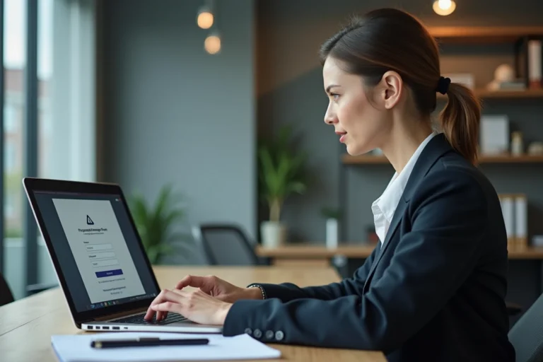 Administratrice de biens connectée au portail syndic Orchestrav2 sur son ordinateur portable dans un bureau moderne
