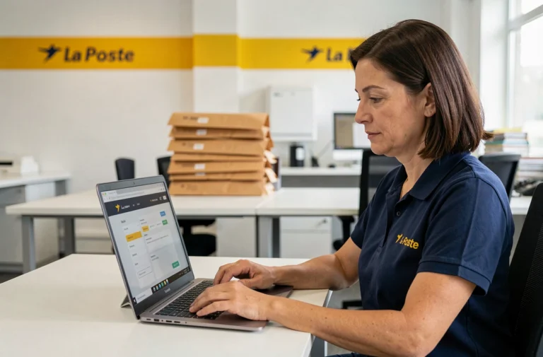 Agente La Poste connectée à son espace habillement sur un ordinateur portable dans un bureau postal