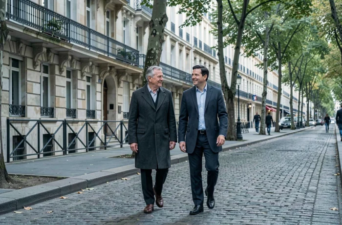 Deux hommes marchant et discutant dans une rue pavée parisienne au style haussmannien