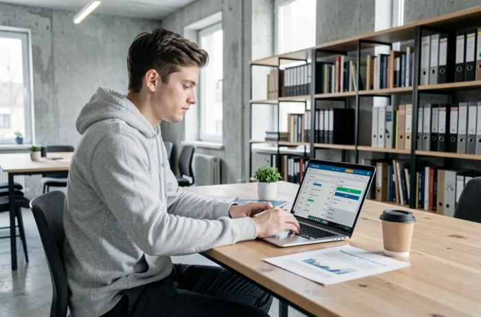 Alternant consultant son suivi de progression pédagogique sur une interface de gestion de formation en espace coworking