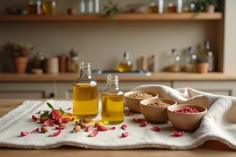 Différentes huiles végétales naturelles présentées dans des flacons en verre sur un comptoir en bois, alternatives à l'huile de jojoba