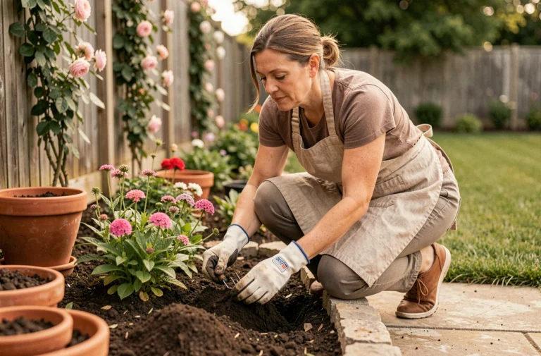 Femme aménageant un massif fleuri dans son jardin extérieur avec des pots en terre cuite et des bordures en pierre