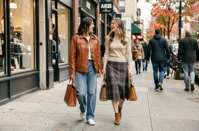 Deux amies stylées marchant dans une rue animée en tenues tendance automne-hiver, riant ensemble en ville