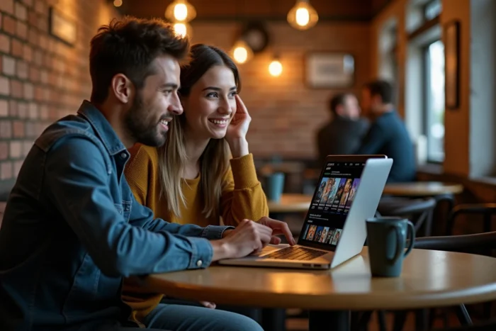 Deux amis recherchant des films à télécharger sur un ordinateur dans un café urbain