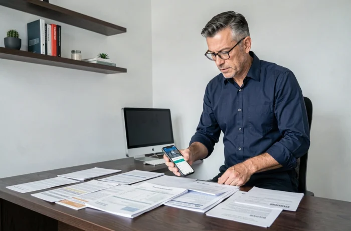 Homme d'affaires analysant des relevés bancaires et des reçus sur un bureau à domicile avec un smartphone affichant une application bancaire