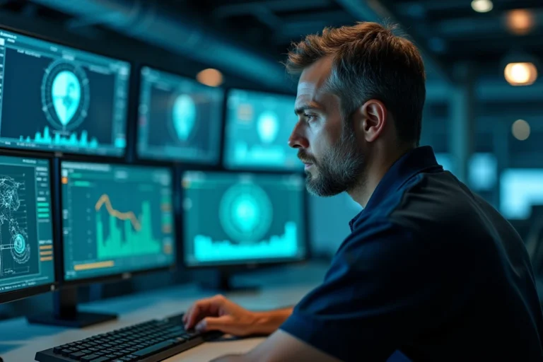 Analyste en cybersécurité surveillant les systèmes informatiques d'une infrastructure portuaire moderne dans une salle de contrôle maritime