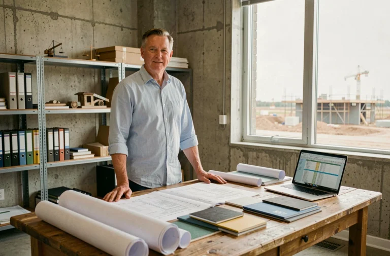 Architecte examinant des plans de construction et des données de coûts dans un bureau professionnel en 2026