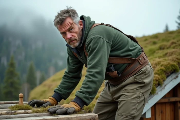 Artisan norvégien posant des plaques de gazon sur un toit en herbe traditionnel d'un chalet en bois à la campagne