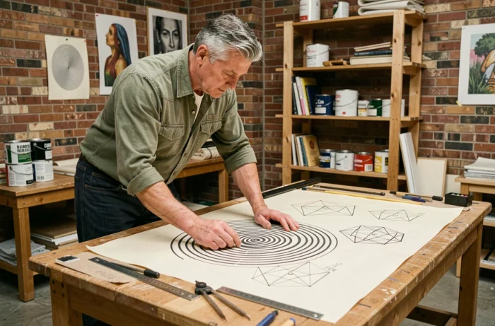 Artiste masculin travaillant sur des esquisses d'illusions d'optique géométriques dans un atelier industriel