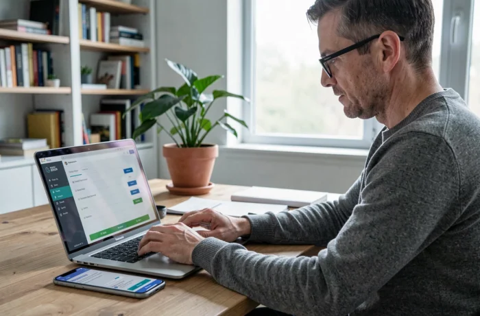 Un homme gérant ses services bancaires en ligne depuis son bureau à domicile avec un ordinateur portable et un smartphone