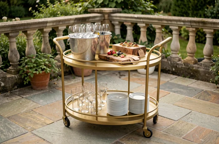 Bar à cocktails mobile en métal doré brossé avec verres à vin, seau à glace et vaisselle blanche pour réception en plein air
