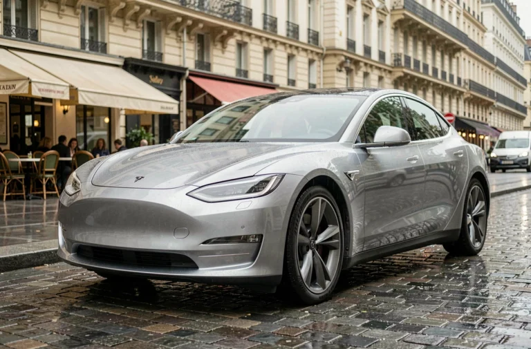 Berline électrique moderne garée sur une rue pavée parisienne sous la pluie, reflets sur la carrosserie argentée métallisée