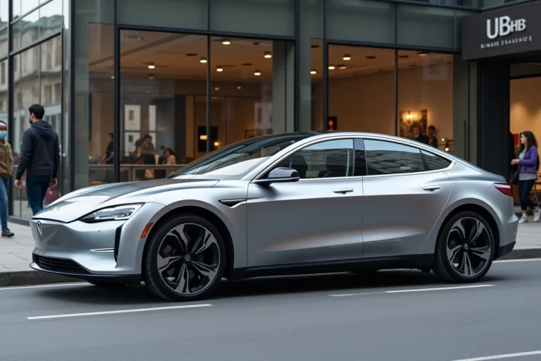Berline électrique moderne garée devant un showroom automobile contemporain en ville, reflétant les tendances actuelles du marché automobile