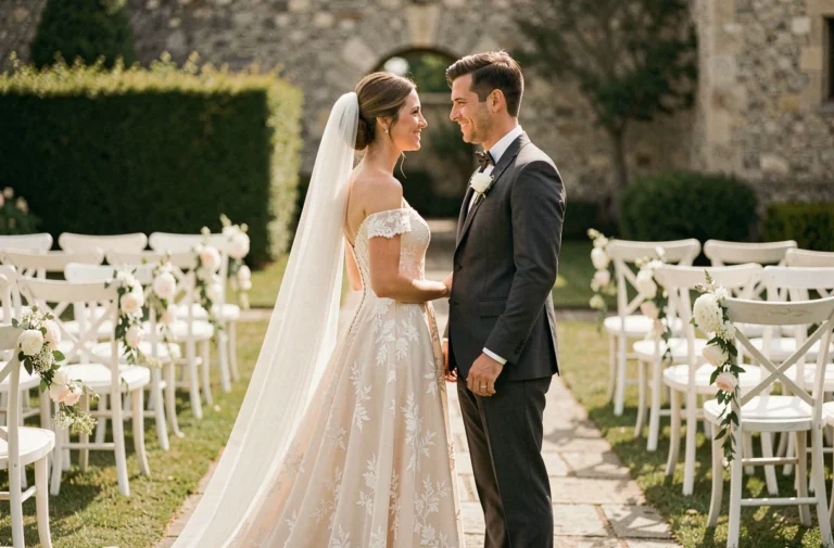 Mariés souriants lors d'une cérémonie de mariage en plein air dans un jardin de château français