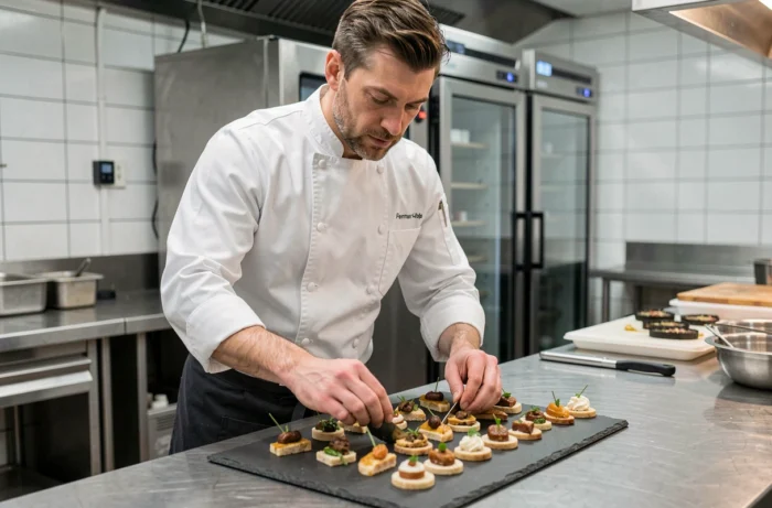 Chef cuisinier professionnel préparant des amuse-bouches sur une ardoise dans une cuisine de traiteur équipée pour événements