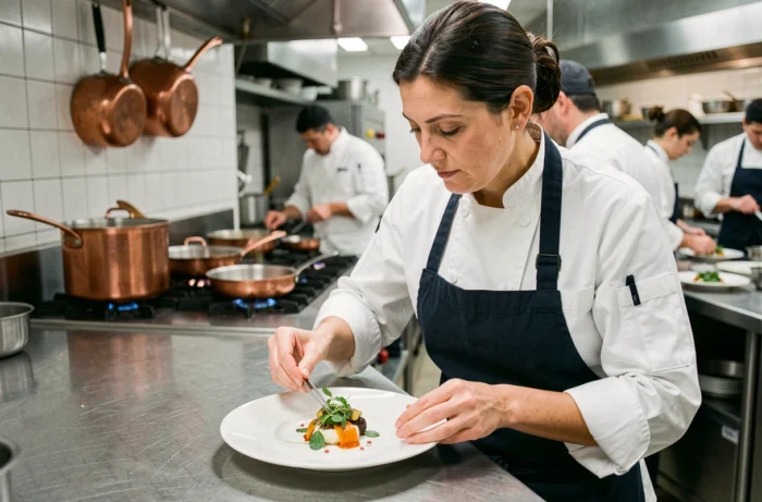 Cheffe cuisinière de Chez Joëlle en tablier blanc dressant un plat gastronomique français dans une cuisine professionnelle