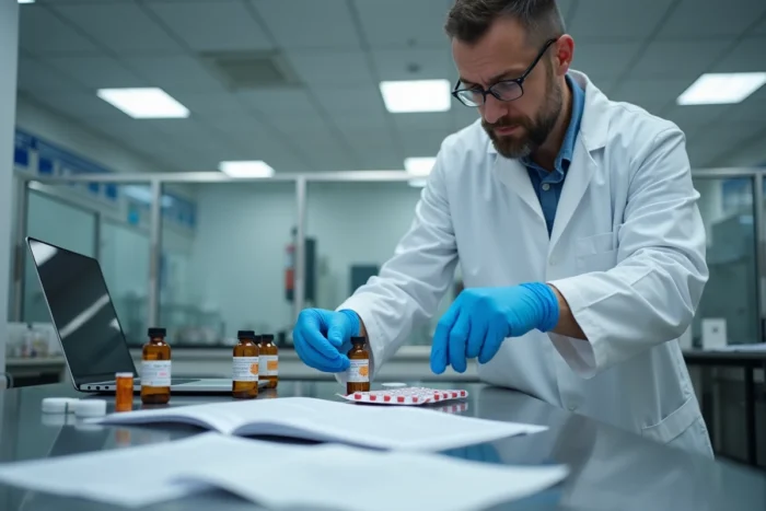 Chercheur pharmaceutique analysant des médicaments et documents scientifiques dans un laboratoire professionnel moderne