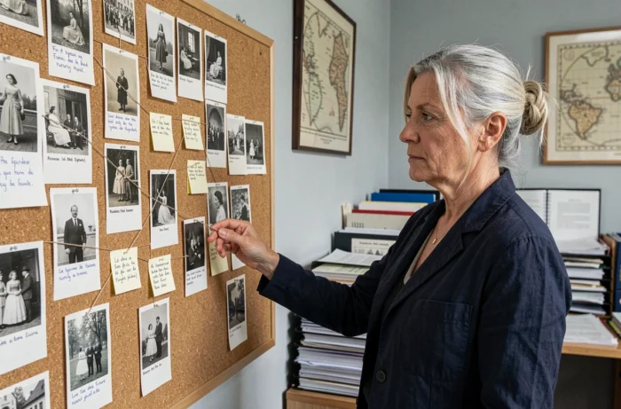 Chercheuse folkloriste devant un tableau d'enquête historique retraçant les origines de la comptine française Haut les mains peau de lapin