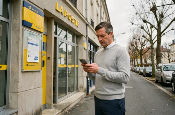 Client consultant son application La Banque Postale devant un bureau de poste en France