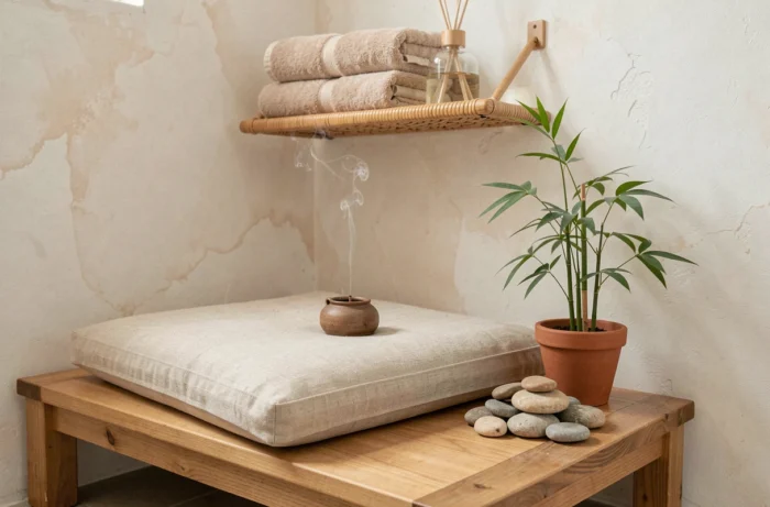 Coin méditation zen à la maison avec coussin en lin, pierres naturelles et plante bambou dans un intérieur cosy aux tons neutres