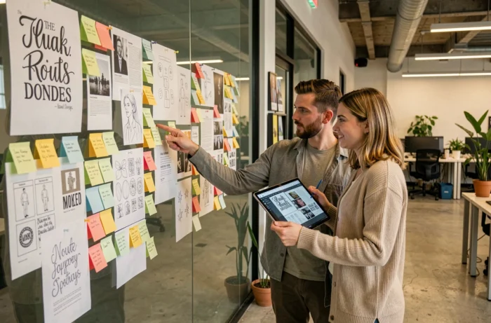 Deux graphistes collaborant devant un mur de recherches créatives dans un studio de design graphique professionnel