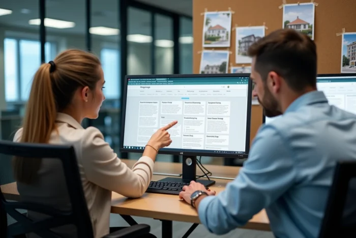 Deux collègues d'une agence immobilière analysant ensemble le plan de navigation d'un site web professionnel