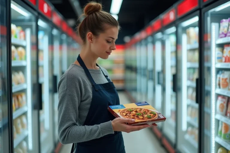 Femme comparant deux emballages de plats surgelés dans le rayon d'un supermarché, symbolisant la comparaison entre Picard et Thiriet