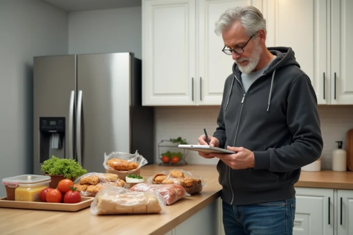 Homme comparant les prix de produits surgelés Picard et Thiriet sur son comptoir de cuisine, carnet de notes à la main