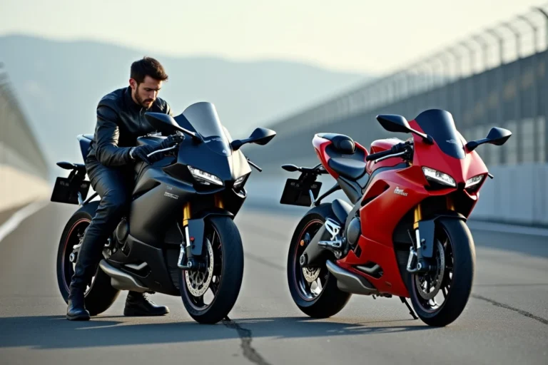 Deux motos sportives côte à côte sur un circuit d'essai avec un pilote en combinaison comparant leurs performances 2024