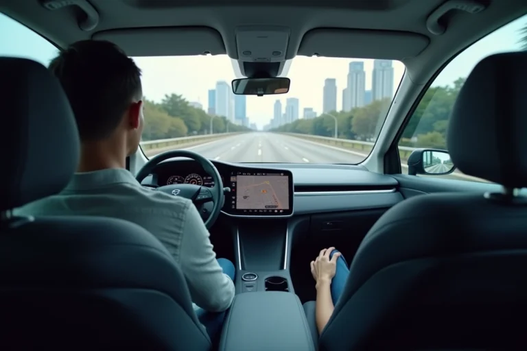 Homme assis dans une voiture autonome moderne sans les mains sur le volant, avec un tableau de bord numérique affichant des données de navigation en ville