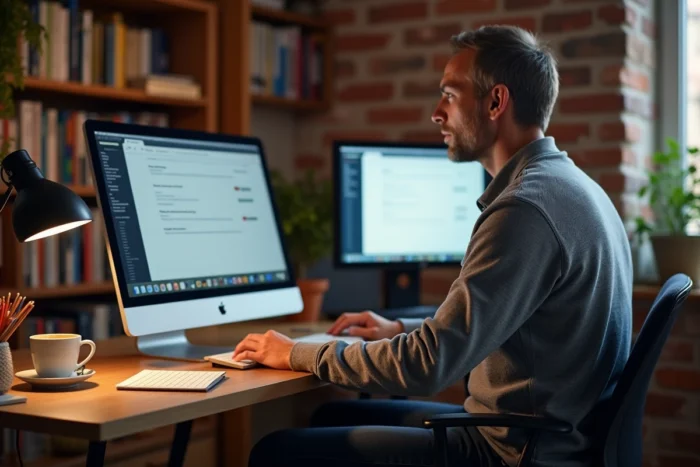 Homme configurant les paramètres IMAP et SMTP du webmail Convergence sur un ordinateur de bureau à domicile