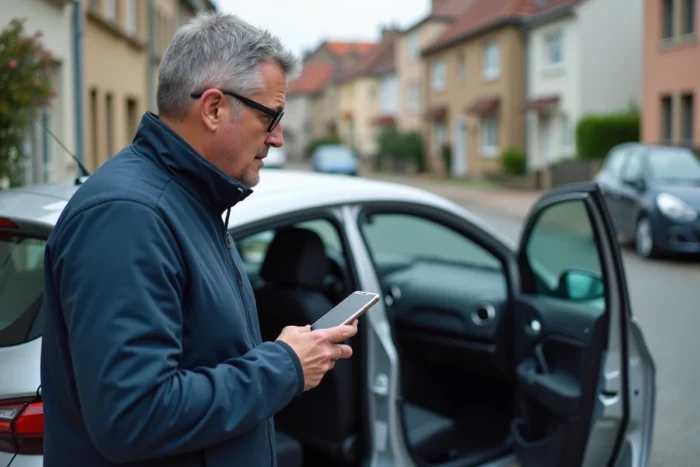 Homme consultant son smartphone pour connecter un appareil Bluetooth à une Renault Clio 3 garée dans une rue