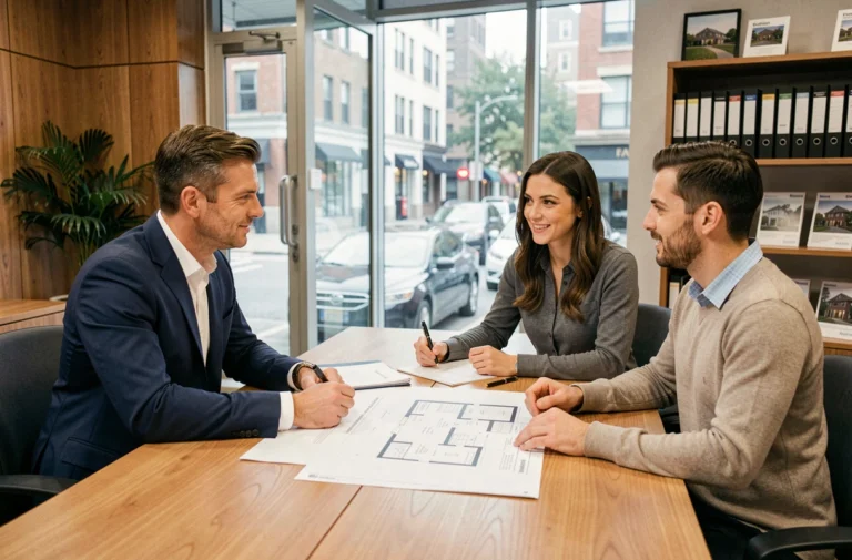 Conseiller immobilier professionnel présentant un projet immobilier à un couple lors d'une réunion en agence