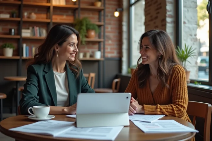 Deux hôtes échangeant des conseils et astuces pour optimiser la gestion de leur compte de réservation dans un café