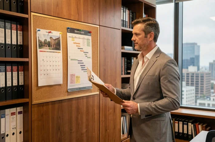 Consultant en droit social debout devant un tableau de suivi des délais de prescription de prévoyance en entreprise
