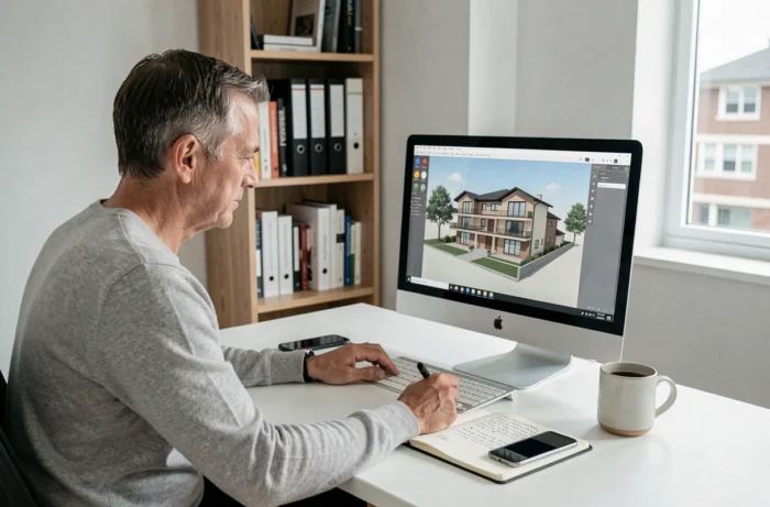 Consultant immobilier analysant un projet architectural sur ordinateur dans son bureau à domicile