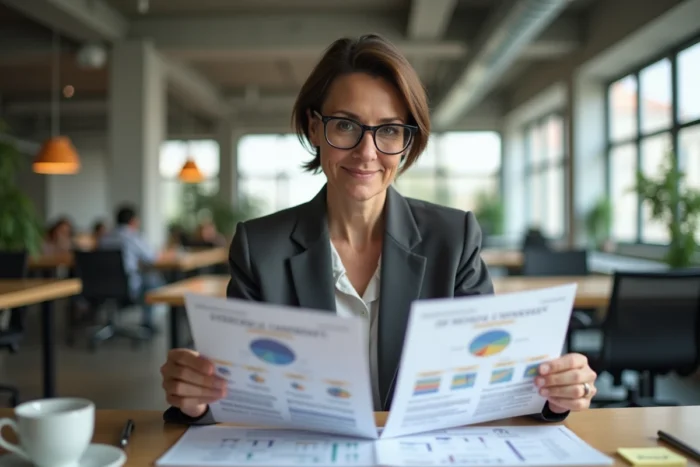Femme consultante comparant deux schémas de structure juridique OPCO et PROPCO sur un bureau en open space moderne