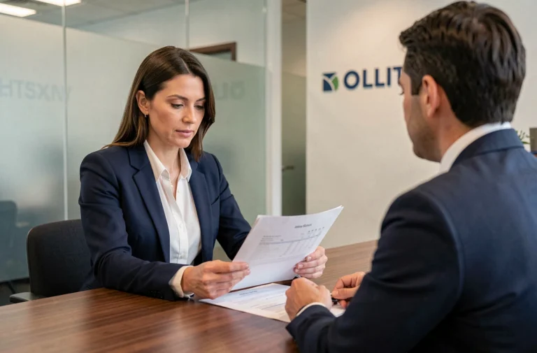 Une femme professionnelle consulte un conseiller bancaire dans une agence moderne, examinant des documents financiers