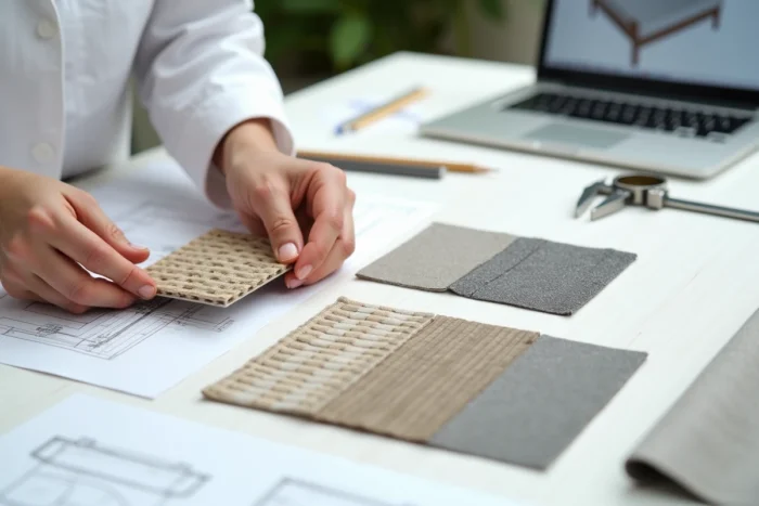 Designer examinant des échantillons de résine tressée et d'aluminium pour le contrôle qualité de mobilier de jardin Hespéride