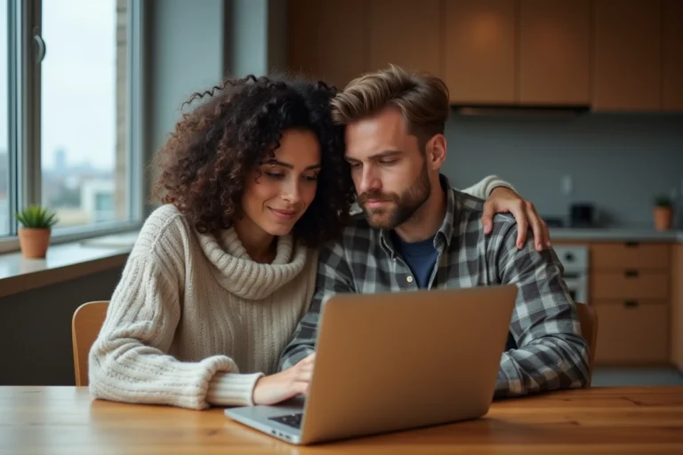 Couple consultant les nouvelles règles de bans de mariage en ligne sur un ordinateur portable dans leur appartement moderne