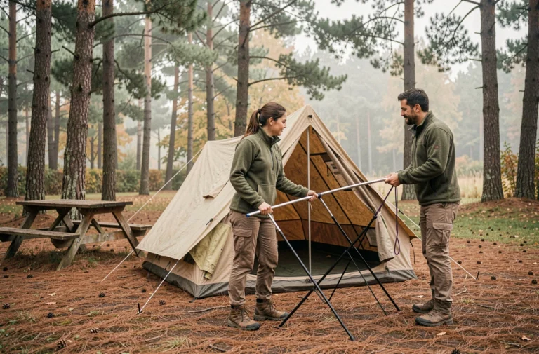 Couple installant une tente dans un camping en forêt de pins en France à l'automne