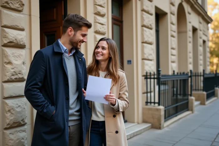 Jeune couple tenant leur confirmation de bans de mariage devant les marches d'une mairie française